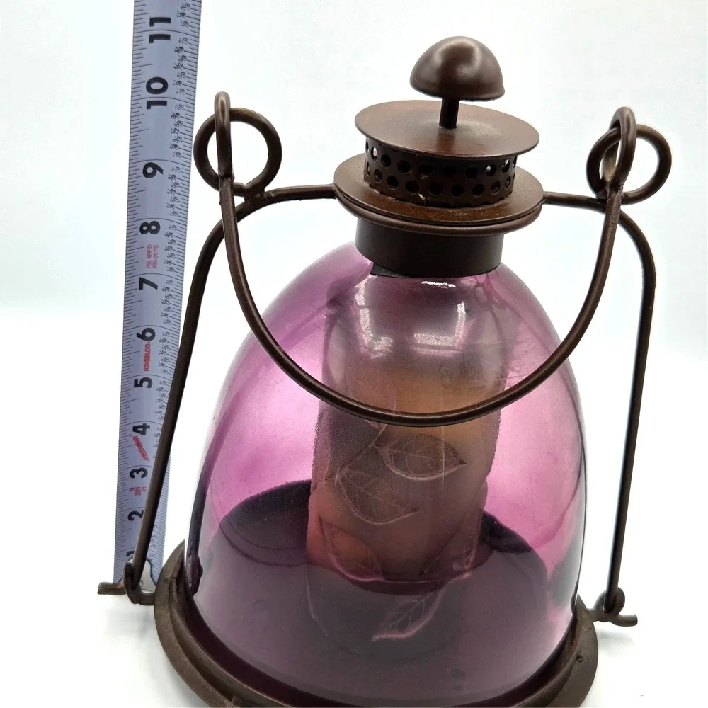 Salvage‎ Purple Rustic Hanging Candle Lantern Glass Barn Farmhouse Made in India